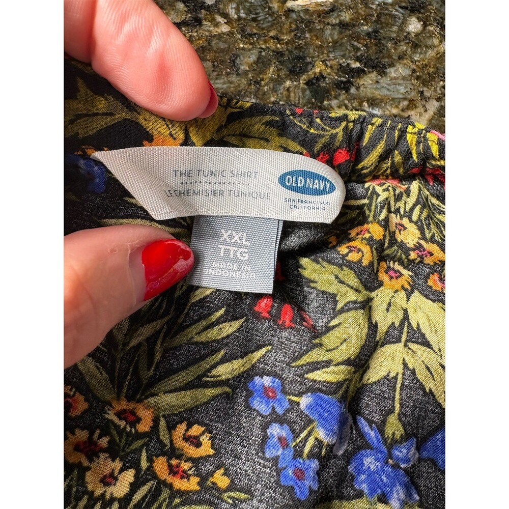 Old Navy Blouse Womens 2XL Black Multicolor Floral Long Sleeve Split Neck - Picture 8 of 8